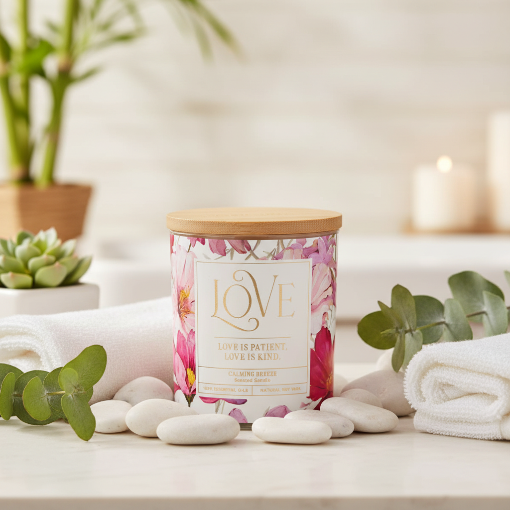 Love Calming Breeze Scented Candle in a Glass Jar - 1 Corinthians 13:4