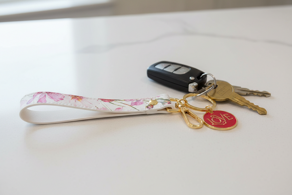 Love Red Floral Faux Leather Wrist Strap Keychain - 1 Corinthians 13:4