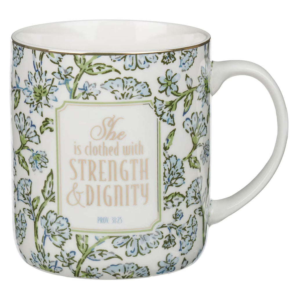 Strength and Dignity Blue Cottage Garden Ceramic Coffee Mug - Proverbs 31:25