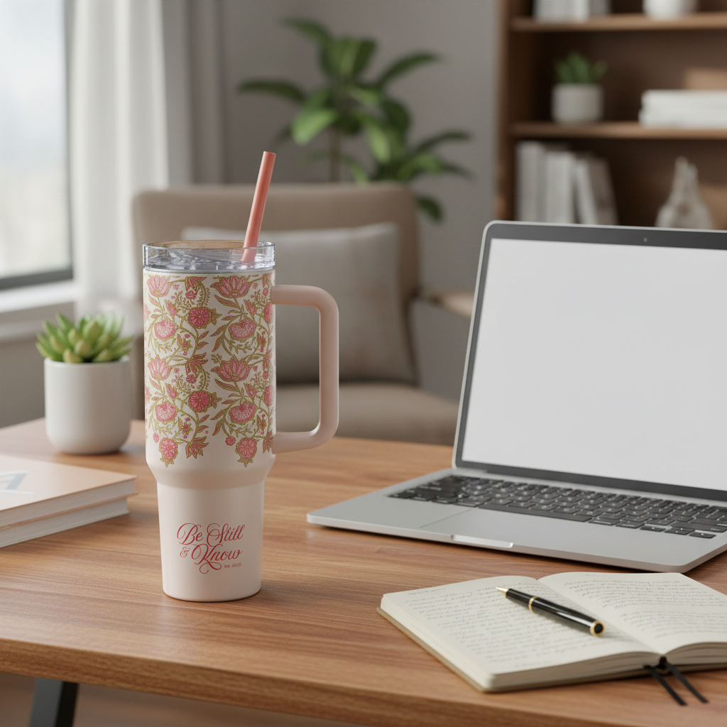 Be Still and Know Pink Spring Floral 40 Oz Tumbler with Straw - Psalm 46:10